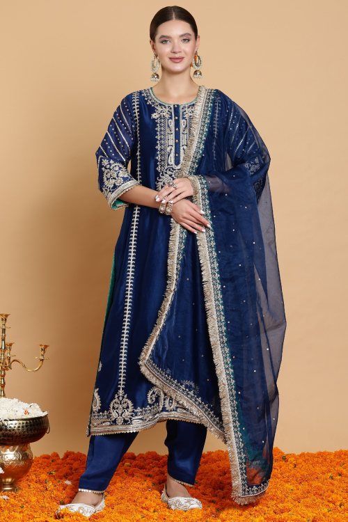 GUSTAKHIYAN– Gulzar-e-Rooh Navy Gold Hand Embroidered Ethnic Set