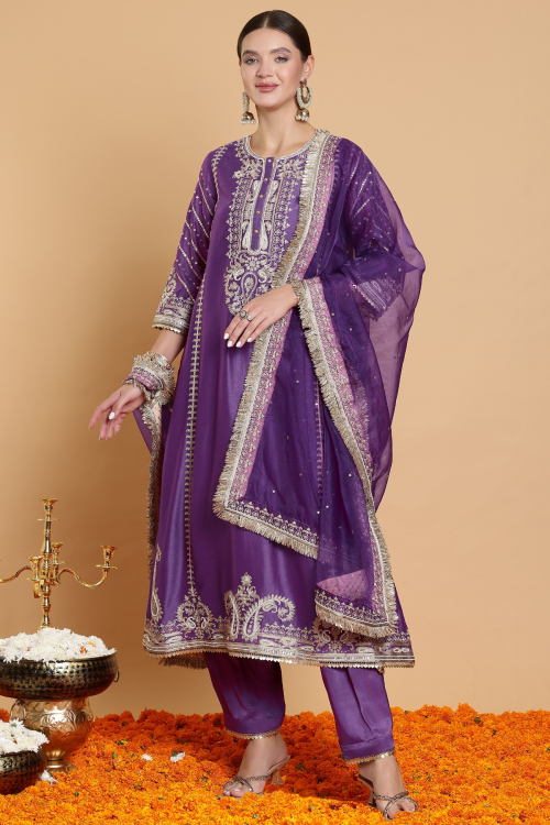 GUSTAKHIYAN – Aafreen Royal Purple Embroidered Long Choga Set