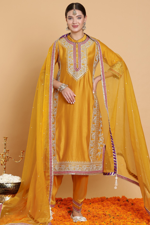 GUSTAKHIYAN – Zari-E-Noor Mustard Yellow Long Choga Kurta Set 