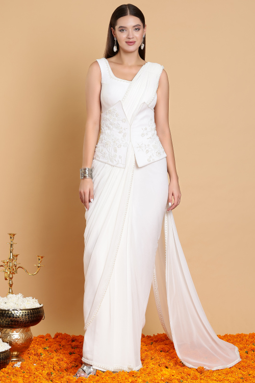 GUSTAKHIYAN – Shab-e-Noor Ivory Embroidered Corset Saree