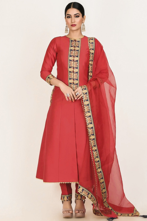 Silk Cherry Red Embroidered Anarkali Style Trouser Suit