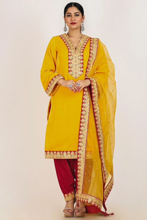 Yellow Velvet Embroidered Straight Cut Salwar Suit