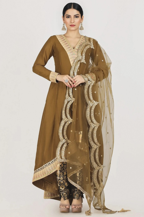 Light Brown Soft Silk Embroidered High Low Style Secret Pant Suit