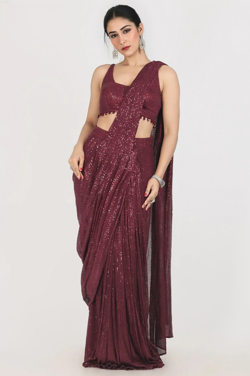 Dark Maroon Net Sequins Embroidered Heavy Saree