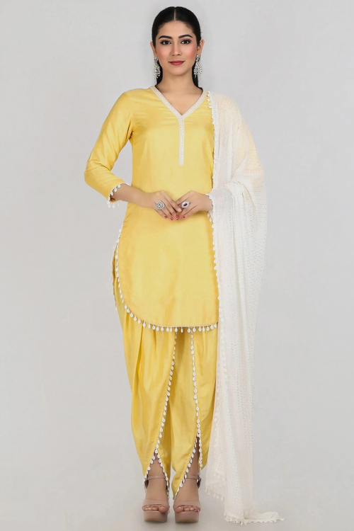 Light Yellow Soft Silk Lace Embroidered Suit With Tulip Pant