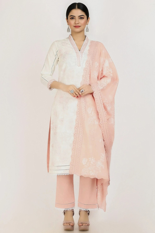 Off White Cotton Embroidered Suit With Straight Pants