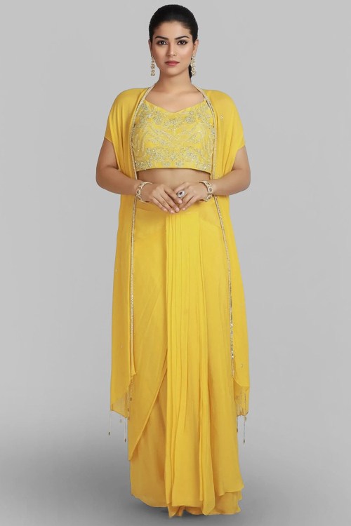 Mustard Yellow Chinnon Chiffon Indo-Western Style Dress