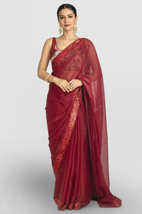 Maroon Tissue Embroidered Light Weight Saree 