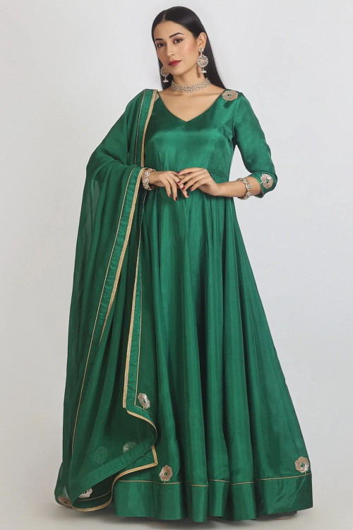 Embroidered Peacock Green Silk A Line Anarkali Suit