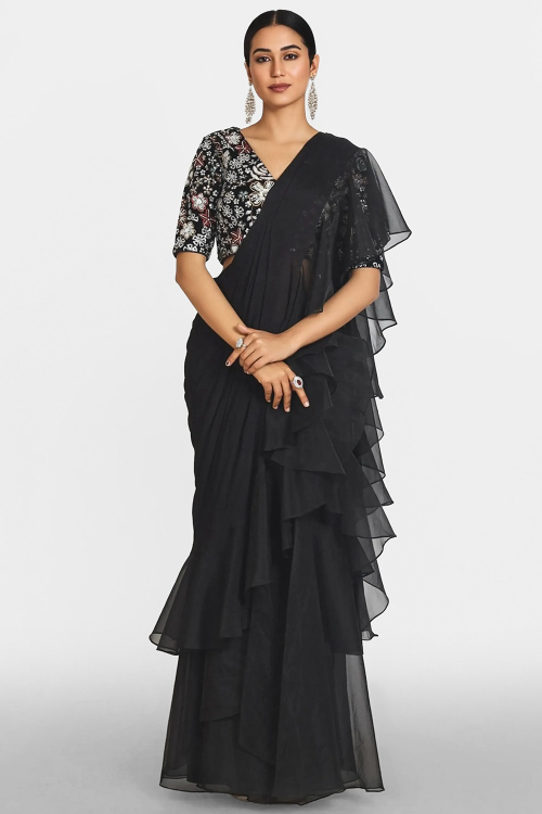 Beautiful Black Organza Ruffle Style Saree