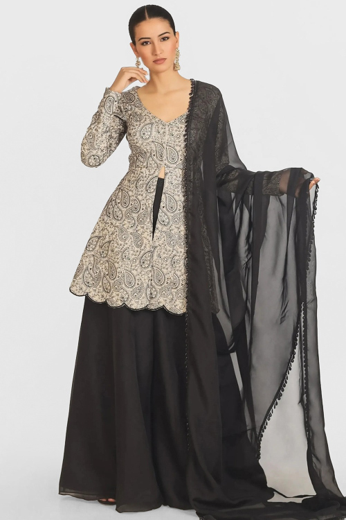 Grey Beige Dupion Silk Embroidered Indo Western Sharara Suit