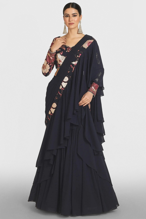 Embroidered Dark Navy Blue Indo Western Georgette Saree 
