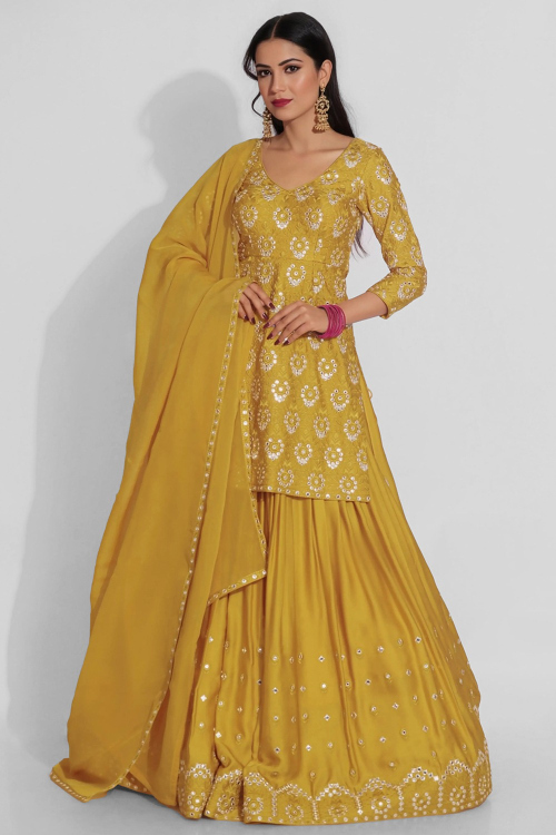 Mustard Yellow Satin Lehenga With Embroidered Long Choli 