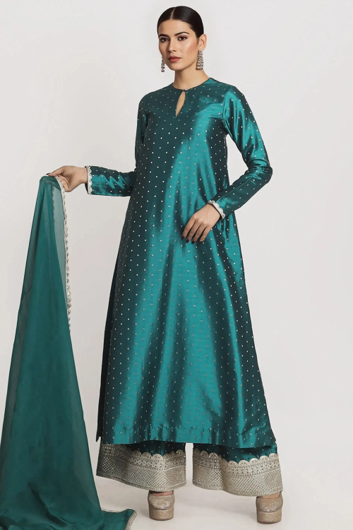 Teal Blue Silk Woven Zari Designer Straight Cut Designer Palazzo Salwar Suit