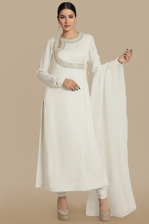 Off White Satin Embroidered Designer Angrakha Salwar Suit With Churidar