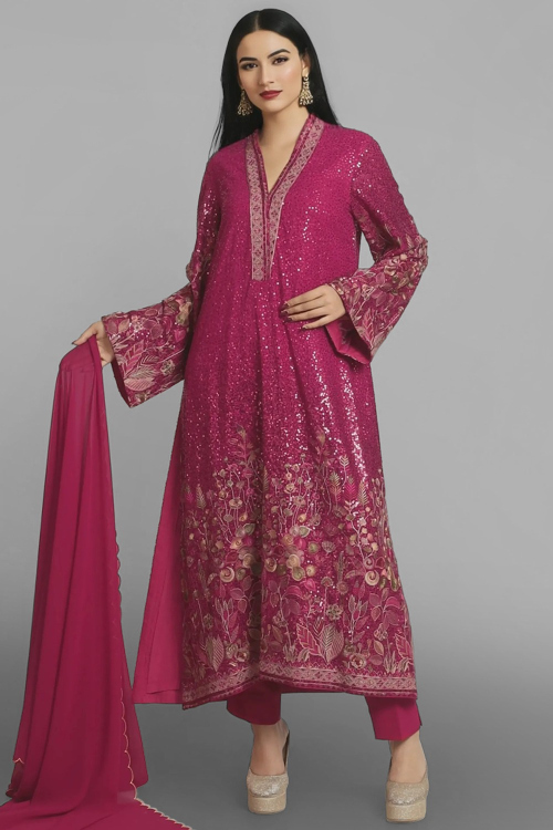 Ruby Pink Georgette Embroidered Designer Straight Cut Trouser Salwar Suit