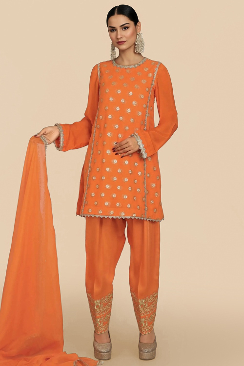 Orange Georgette Woven Zari Designer Straight Cut Salwar Suit