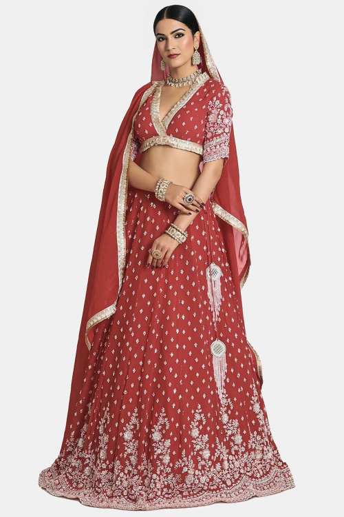 Cherry Red Georgette Embroidered A Line Lehenga 