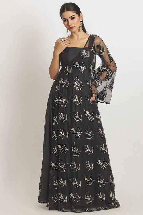 Black Organza Designer Gown With Embroidered Jacket Salwar Suit