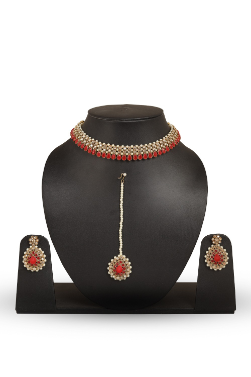 Alloy Red Stone Necklace And Earrings Jewellery Set