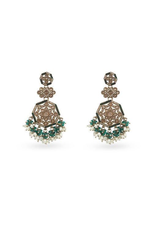 Green Stone Dangle Earrings With Gold-Plated Finish