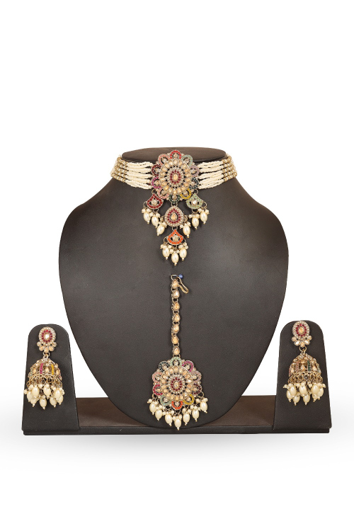 Alloy Multi Color Beads Necklace And Earrings Jewellery Set