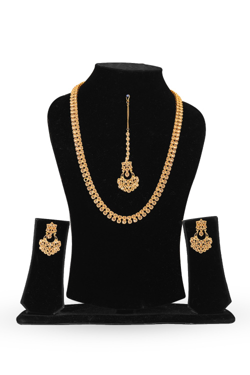Long Gold Necklace with Tikka & Chandbali Earrings