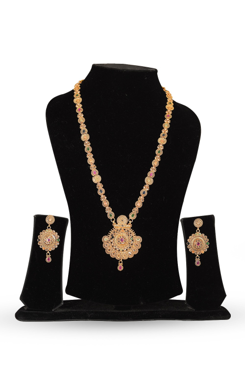 Antique Gold Plated Temple Long Necklace Set with Ruby Accents