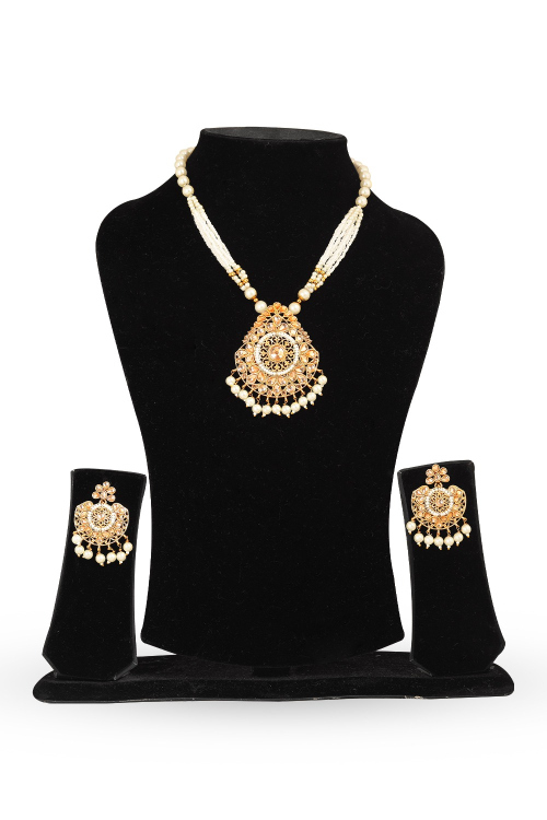 Gold Plated Pearl Strand Pendant Set with Filigree Kundan Centerpiece