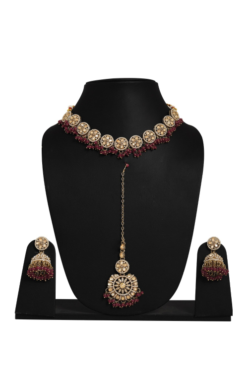 Deep Red Stone Necklace And Earrings Jewellery Set