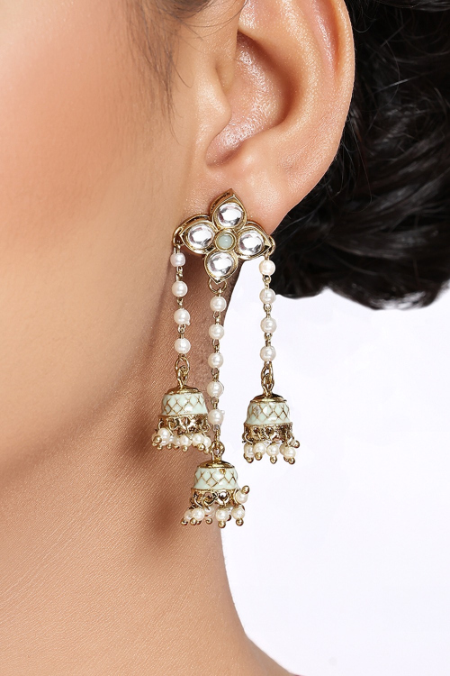 Mint Green Kundan Earrings For Festival 