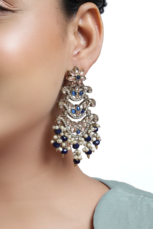 Navy Blue Gold Plated Earrings With Stone Embellished
