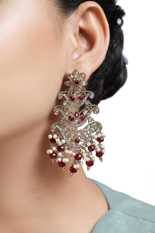 Maroon Gold Plated Stone Embellished Earrings

