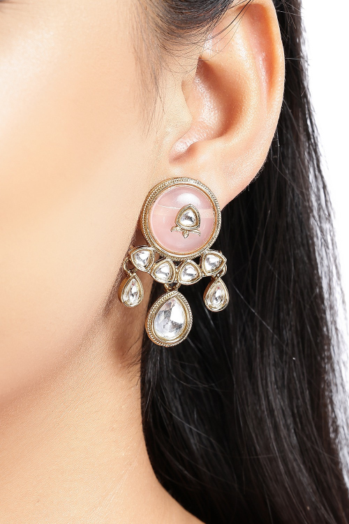 Pastel Pink Stud Earrings With Stone Work For Festival