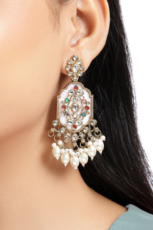 Multi Color Gold Pleated Earrings With Meena Work For Festival