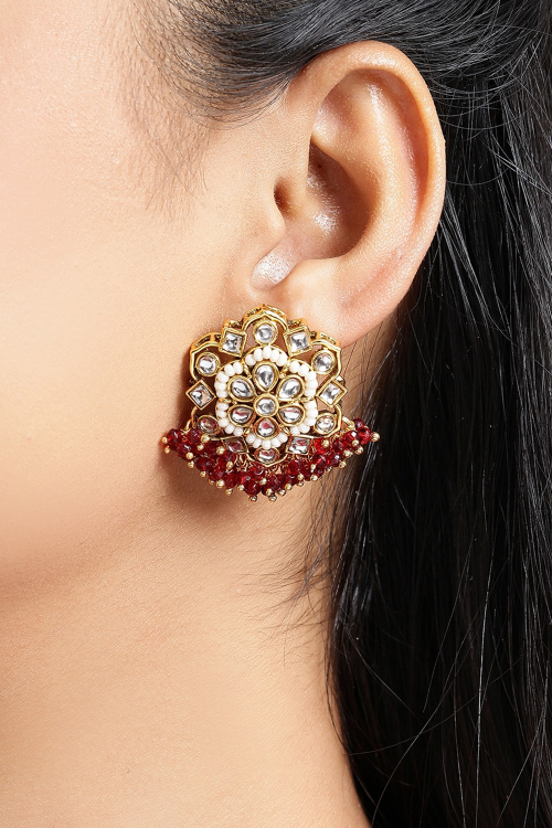Deep Red Traditional Gold Plated Earrings For Festival 