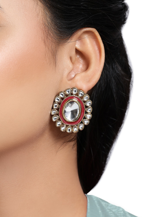 Brick Red Kundan Earrings For Festival 