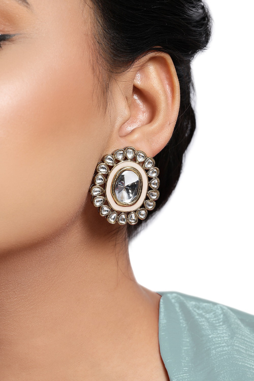 Off White Meena Earrings With Gold Plated Work