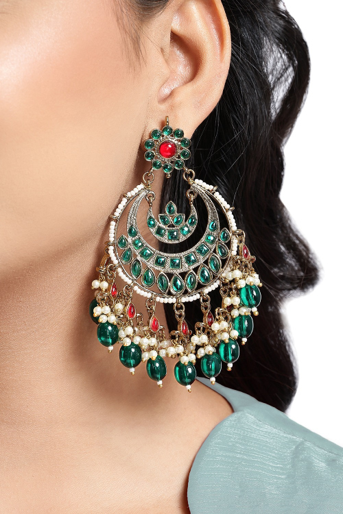 Dark Green Traditional Gold Plated Earrings For Festival 