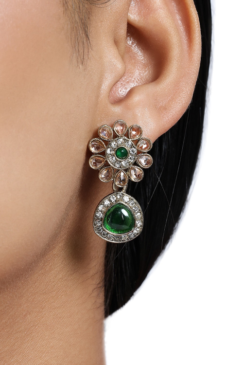 Emerald Green Gold Plated Earrings For Festival 