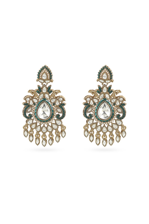 Bottle Green Kundan Work Earrings with Gold-Plated Finish