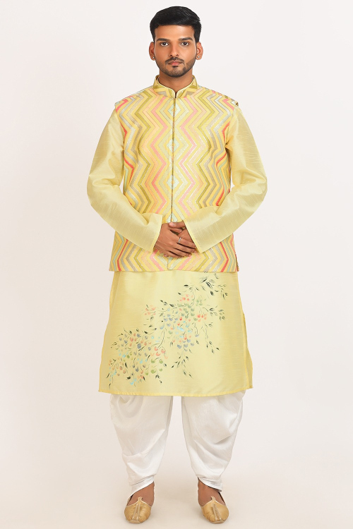 Light Yellow Dupion Silk Printed Men&#039;s Kurta With Dhoti Pants