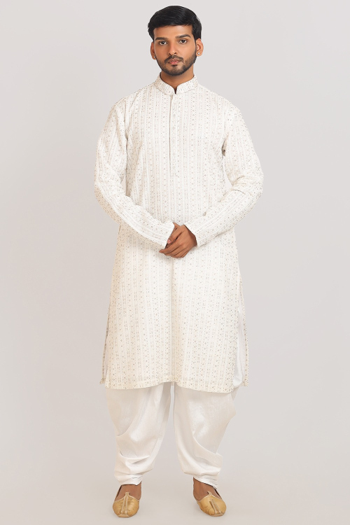 Embroidered Georgette White Men&#039;s Straight Cut Kurta With Dhoti Pants