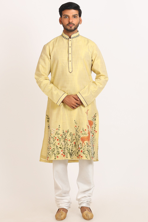 Pale Yellow Cotton Silk Men&#039;s Straight Cut Printed Kurta Pajama