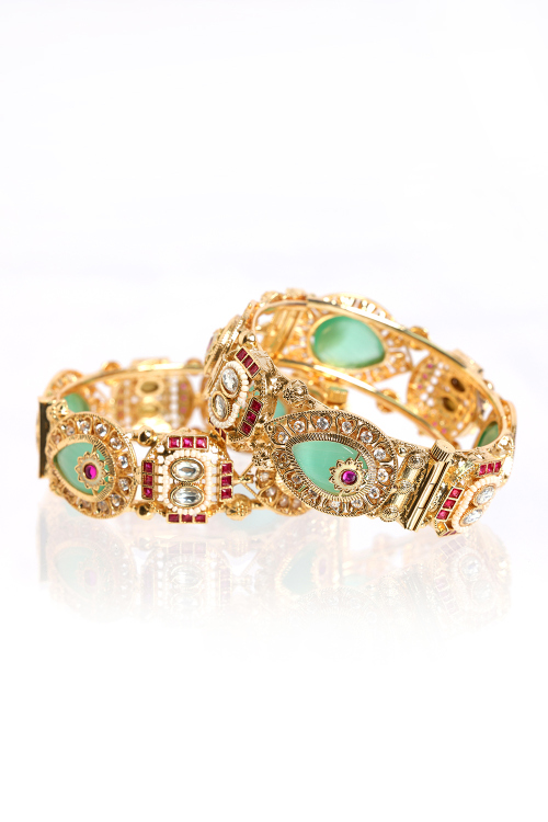 Antique Gold Bangle With Kundan And Gems