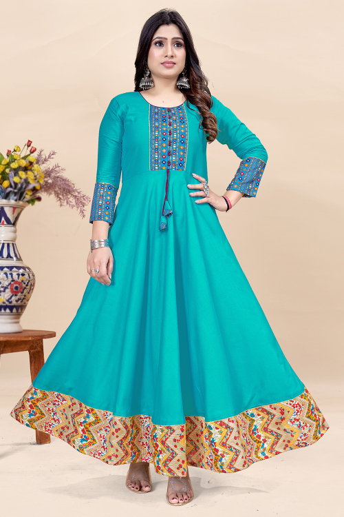 Aqua Blue Rayon Printed Anarkali Style Kurti 