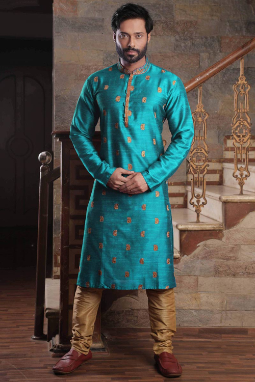 Aqua Blue Silk Embroidered Men Kurta Pajama