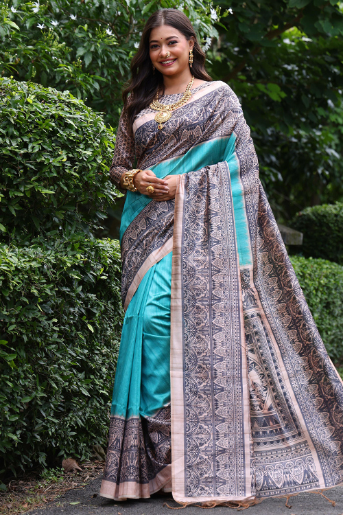 Aqua Blue Silk Printed Light Weight Saree 