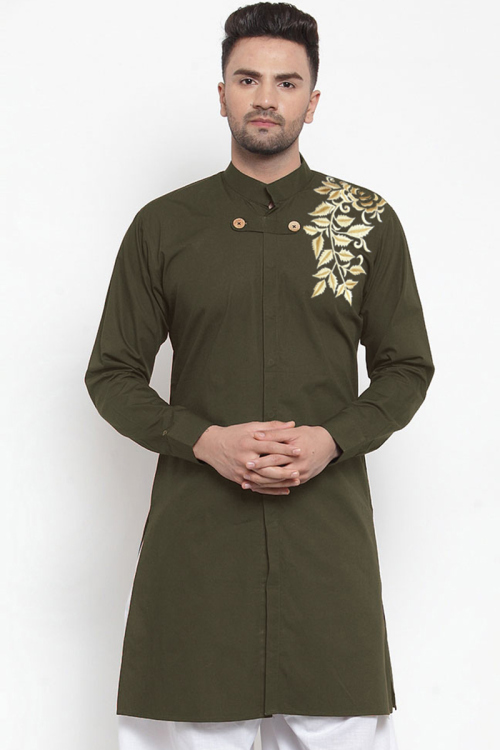 Army Green Cotton-blend Embroidered Men Kurta