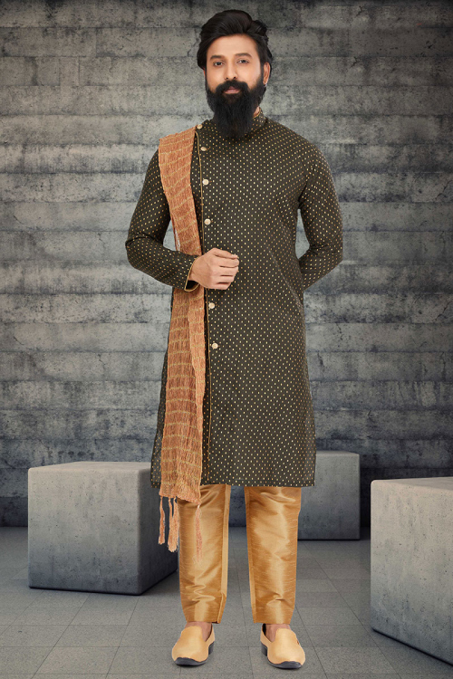 Army Green Cotton Silk Foil Print Indo-Western Men's Sherwani 